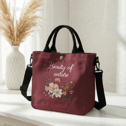 Floral Butterfly Letter Print Brown Canvas Tote Bag