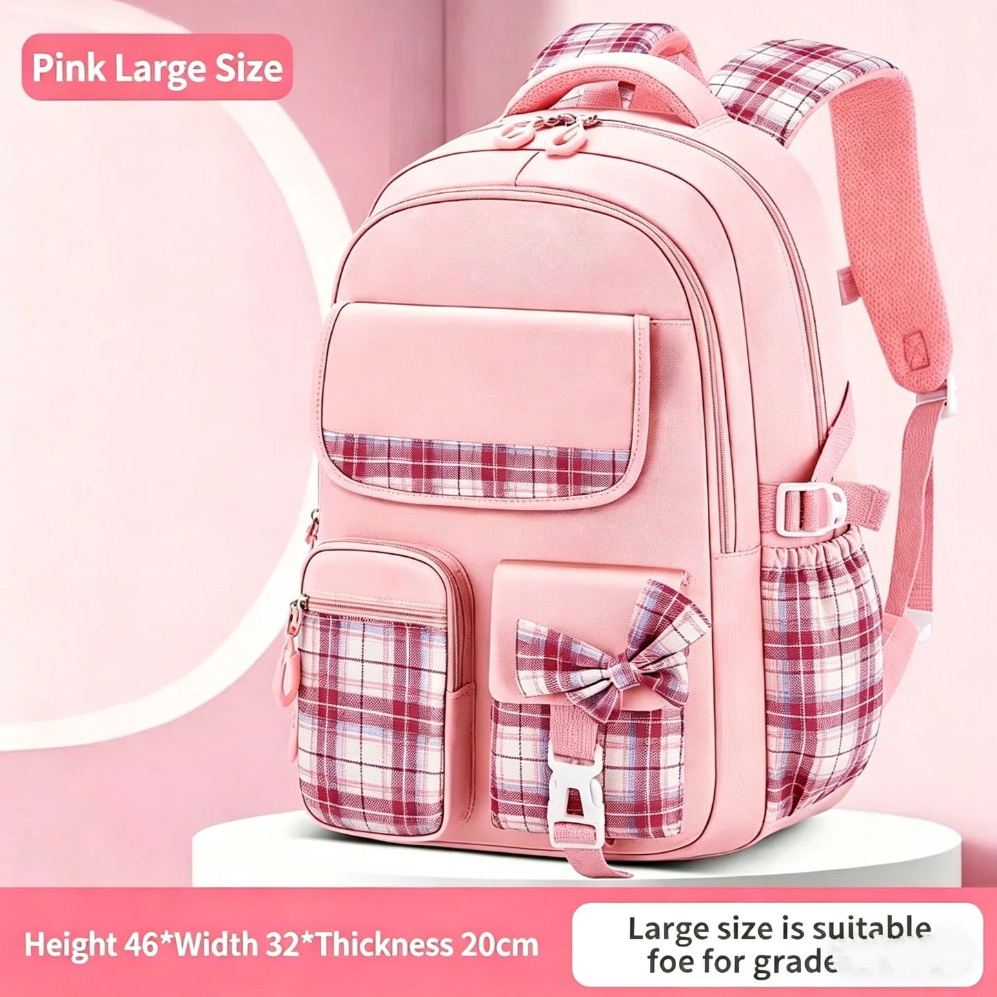 School Students Girls Checkered Backpack Large Capacity Bags