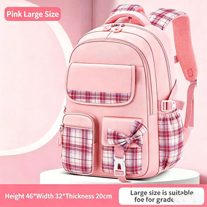 School Students Girls Checkered Backpack Large Capacity Bags