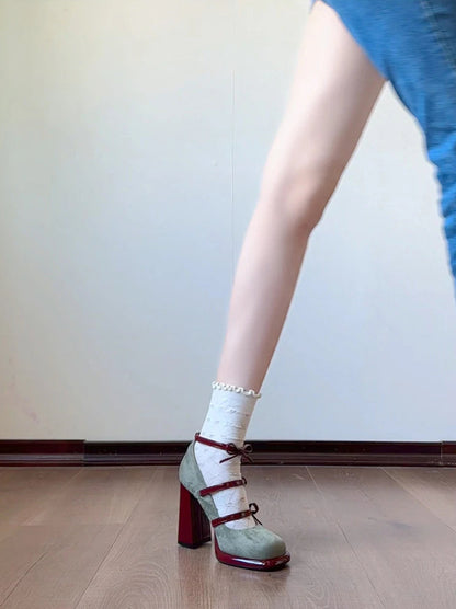 Elegant Bow Chunky Heel Mary Jane High Heels Shoes