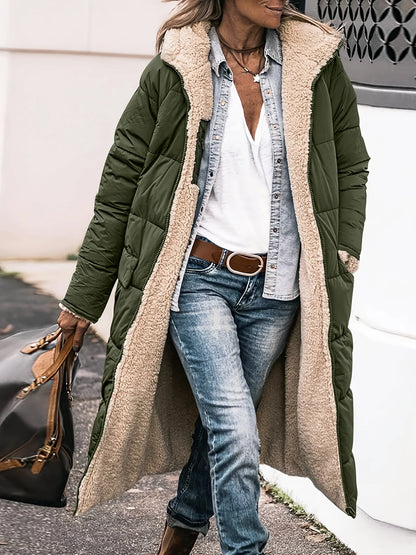 Warm Reversible Hooded Long Puffer Coat Fleece Lined Zip Up Winter Parka