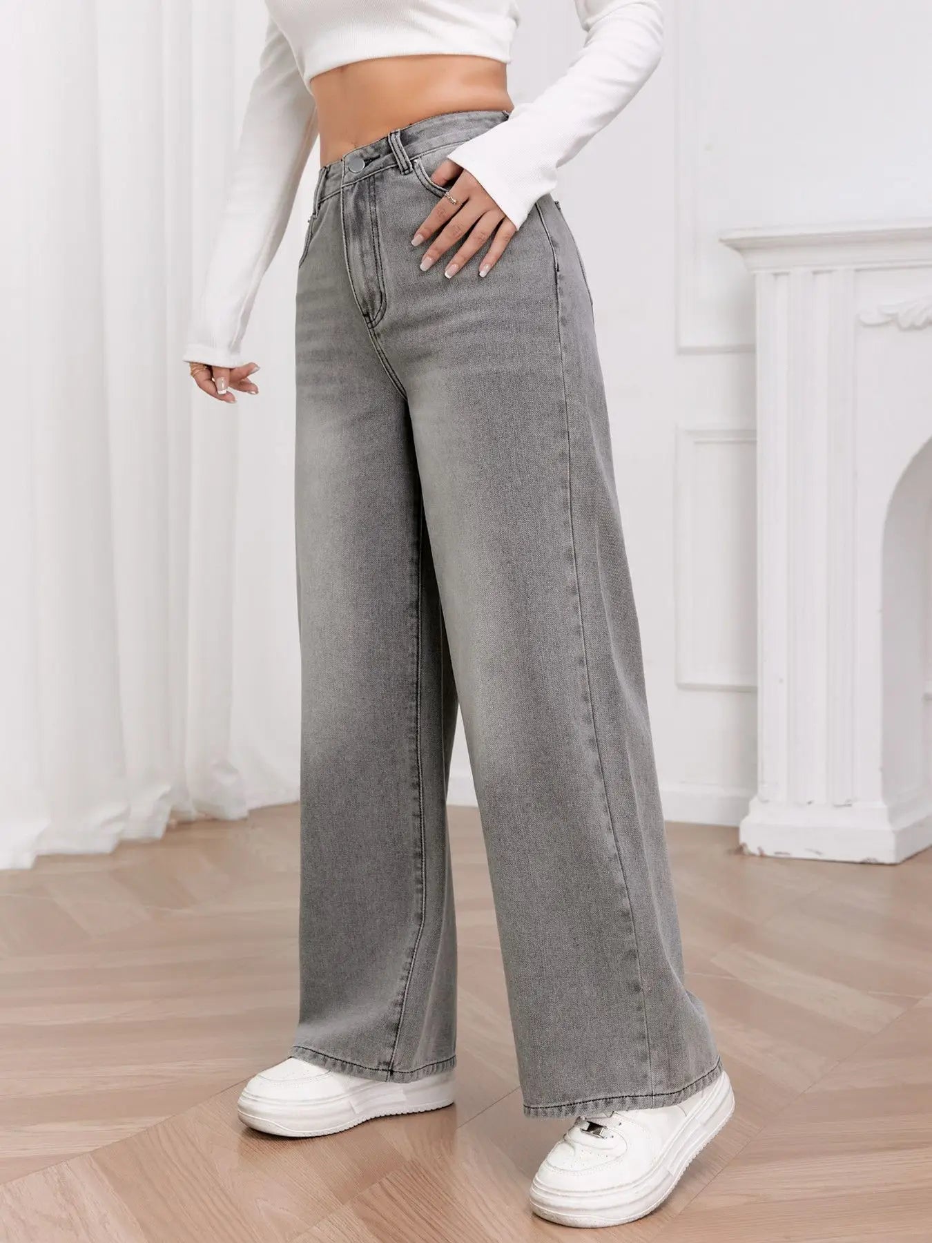 Sky Gray Wide Leg Comfortable Match Jeans