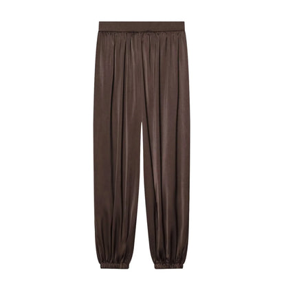 Coffee Pleated Bubble Puff Loose Long Sleeved High Waisted Casual Long Pants Sets