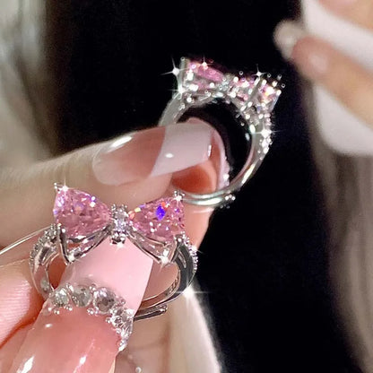 Romantic Lovely Pink Bowknot with Micro Bow Tie Zircon Rings