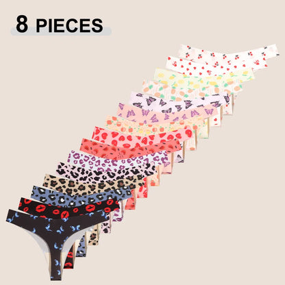 8Pcs/Set Traceless Ice Silk Low Waist Sexy Butterfly Leopard Print Lingerie