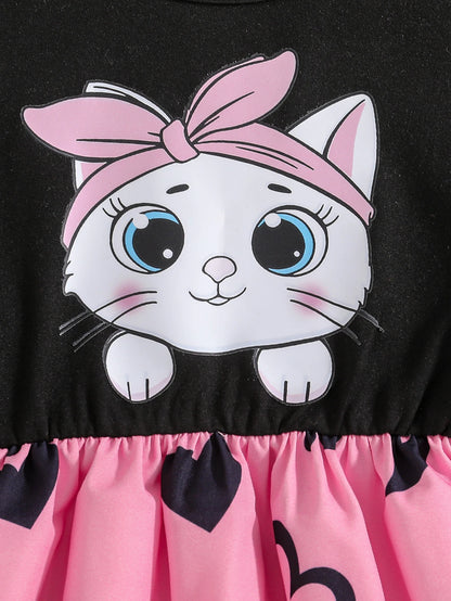 Cat Print Flutter Sleeve Short-Sleeve Patchwork Dress