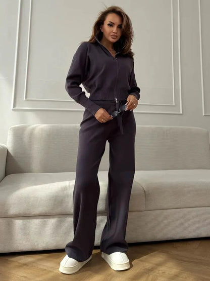 Knit Zip Up Cardigan Wide Leg Soft Fabric Cropped Sets