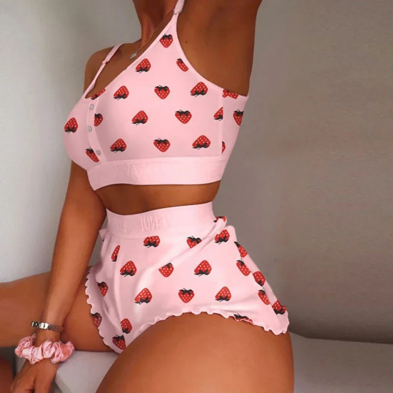 Swimsuit Strawberry Print Lace Sling Pajamas Set