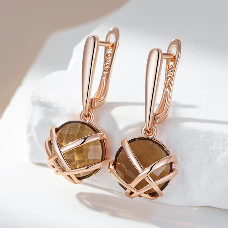 Light Brown Natural Zircon Drop Luxury 585 Rose Gold Earrings