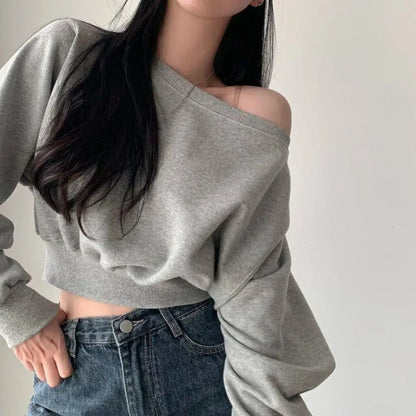 Korean Style Retro Long Sleeve T Shirt Solid Color Casual Sweatshirts