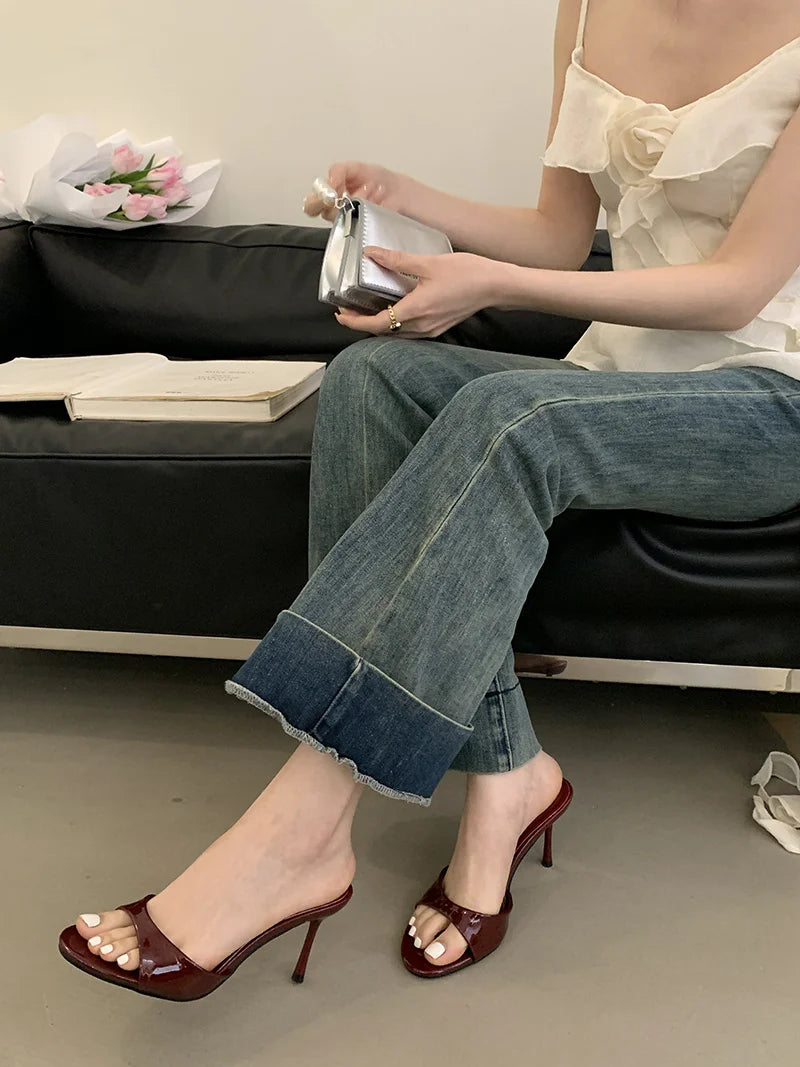 Leather Open Toe Thin High Heels Slipper