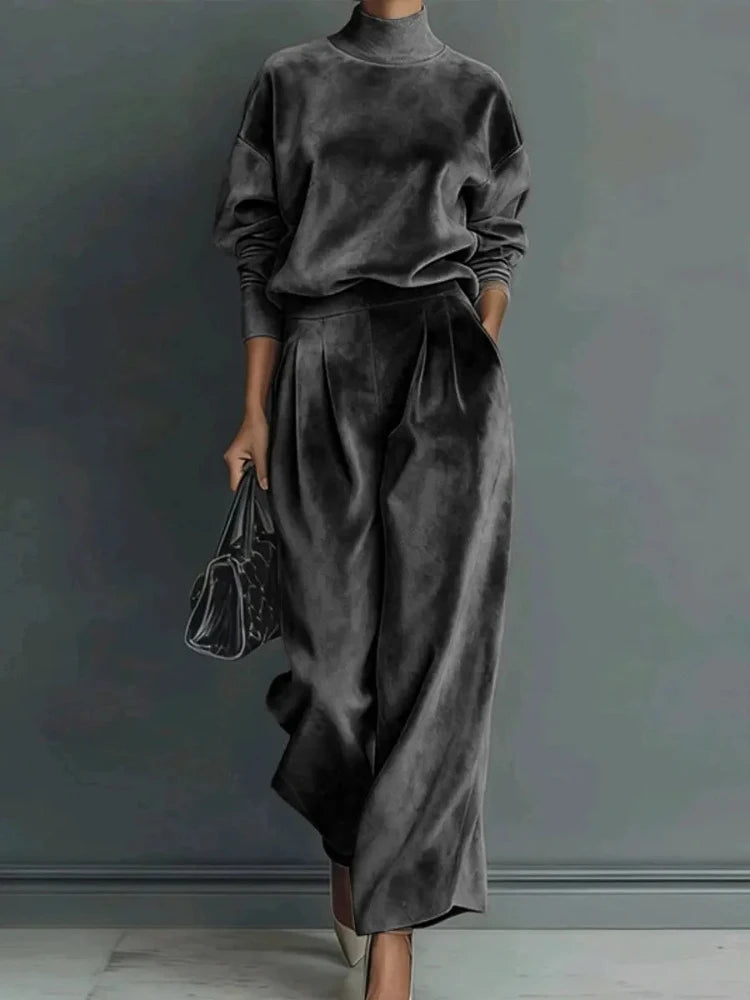 High Collar Gold Velvet Long Sleeve Casual Sports Wide Leg Set