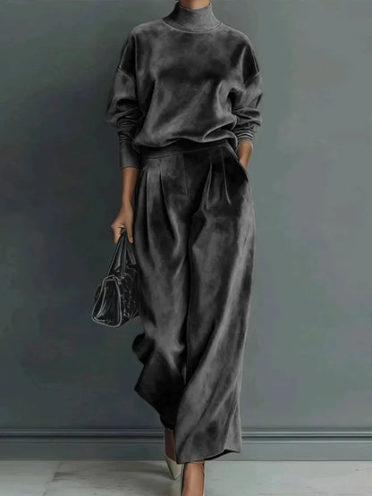 High Collar Gold Velvet Long Sleeve Casual Sports Wide Leg Set
