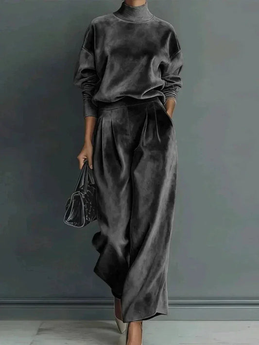 High Collar Gold Velvet Long Sleeve Casual Sports Wide Leg Set