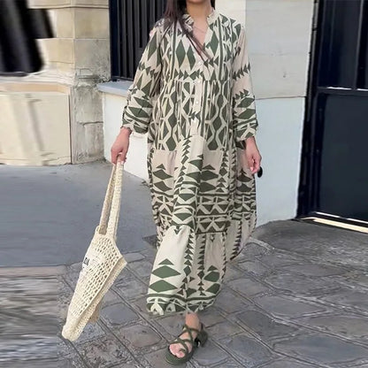 Vestido largo de manga larga con cuello en V y cintura alta