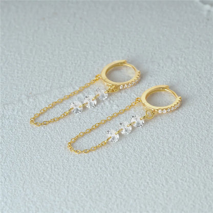 925 Sterling Silver Three Zircon Drop Long Chain Gold Hoop Buckle Piercing Earrings