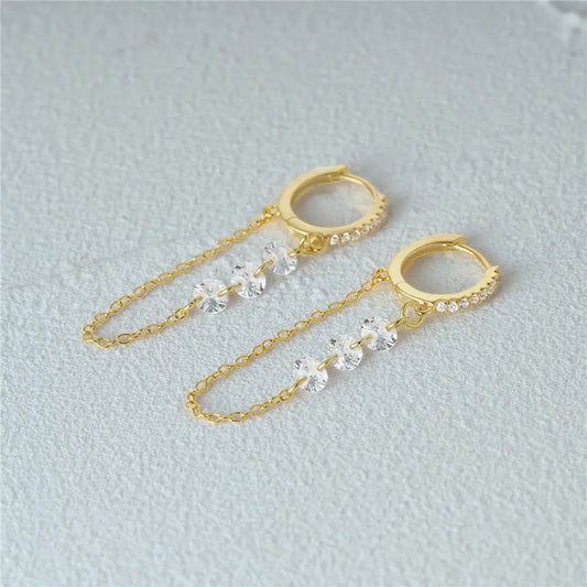 925 Sterling Silver Three Zircon Drop Long Chain Gold Hoop Buckle Piercing Earrings