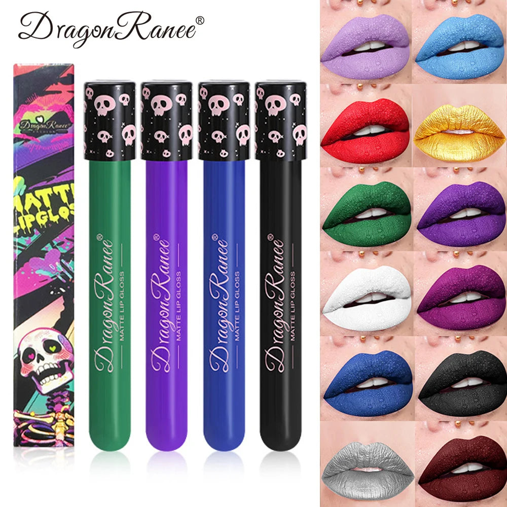 12 Color Halloween Lip Gloss Makeup Black Green Purple Waterproof Matte Lipstick