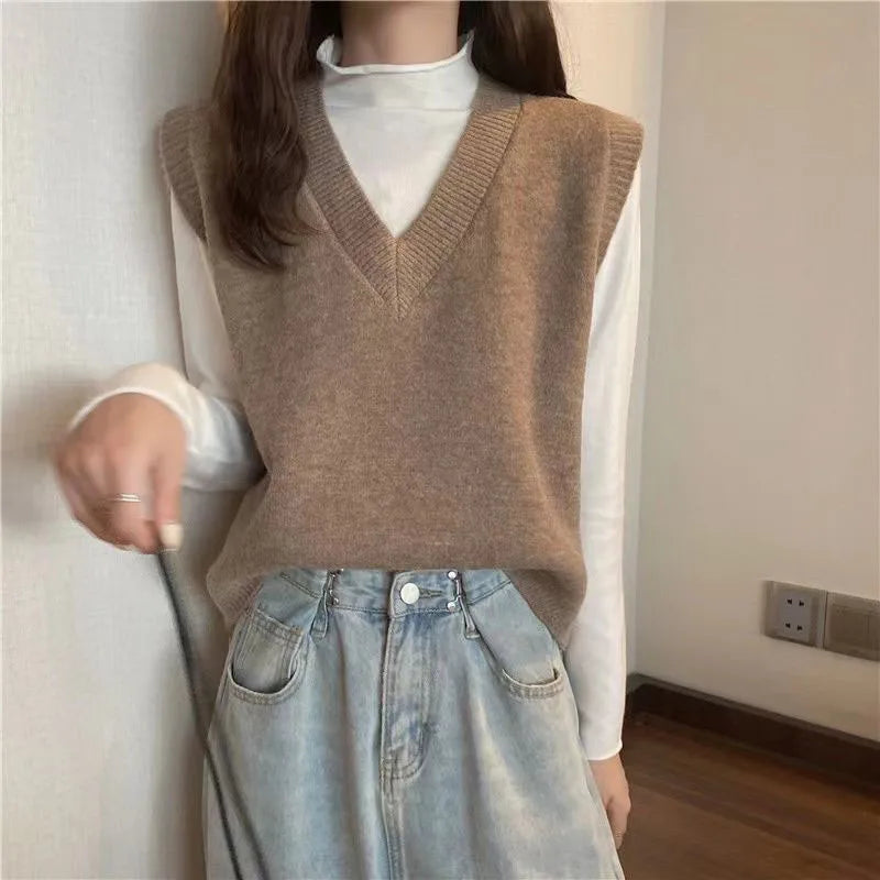V-neck Knitted Vest Vintage Sleeveless Sweater Waistcoat Korean Chic
