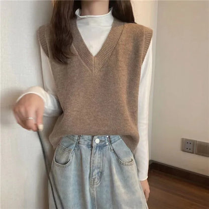 V-neck Knitted Vest Vintage Sleeveless Sweater Waistcoat Korean Chic