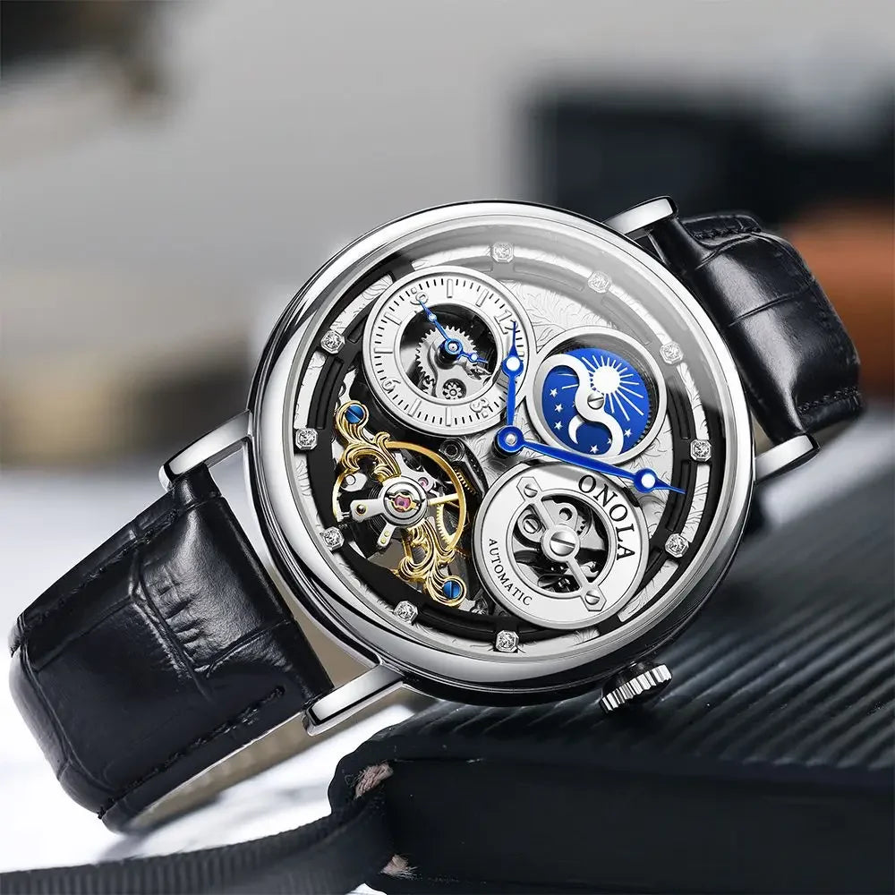 Automatic Movement Dual Time Zone Moon Phase Waterproof Tourbillon Mechanical Watch