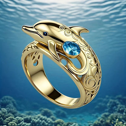 Huitan Fresh Dolphin Design Inlaid Shining Blue CZ Rings