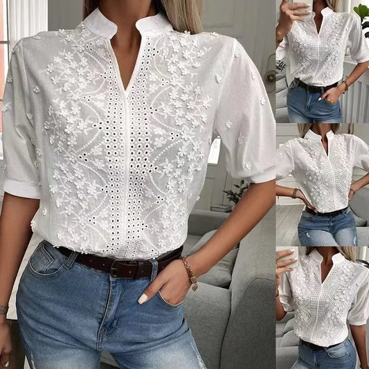 Elegant Short Sleeve White Crochet Blouses