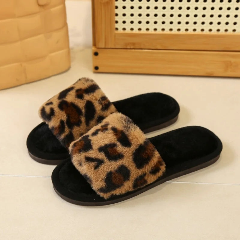 Leopard Print Fur Flip Flops Slippers