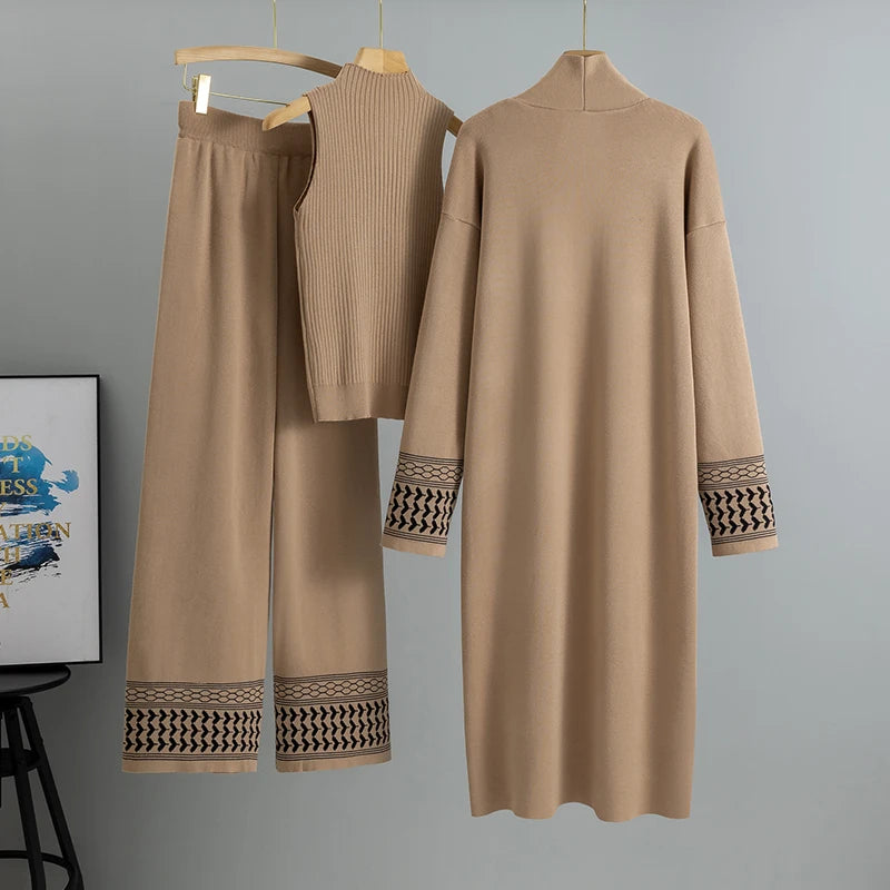 Casual Knitted Three-piece Temperament Cardigan Sweater Vest Wide Leg Pants Sets