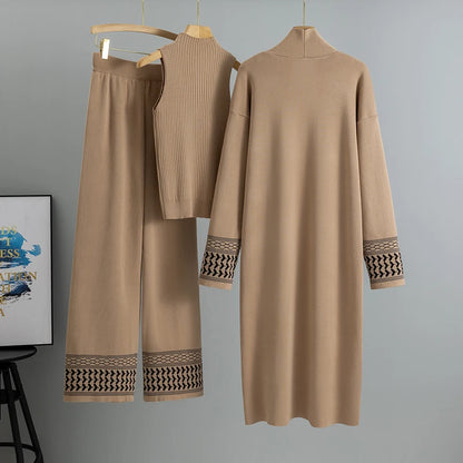 Casual Knitted Three-piece Temperament Cardigan Sweater Vest Wide Leg Pants Sets