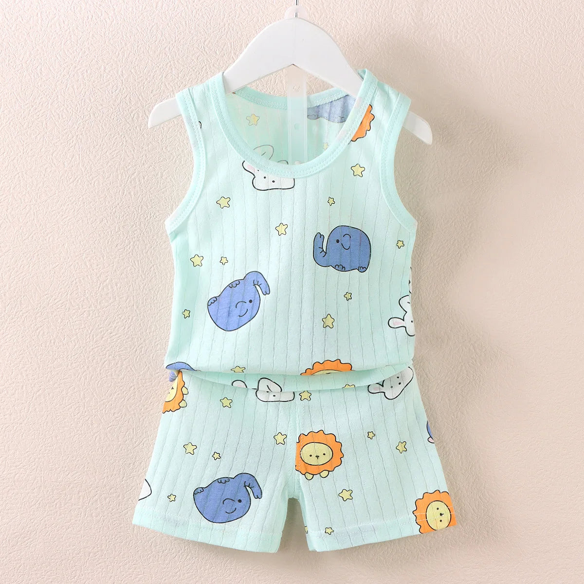 Cartoon Thin Style Sleeveless Baby Pajamas Set