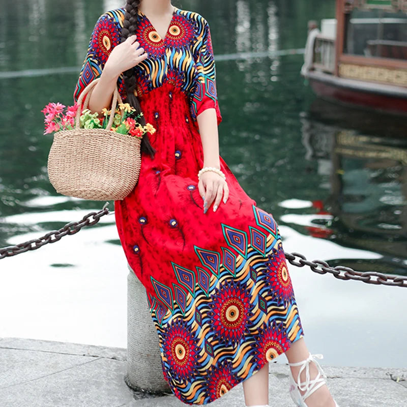 Colorful Flower  Bohemian Midi Dress