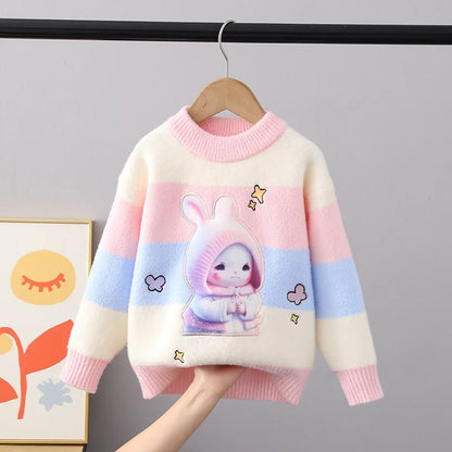 Autumn Winter Fluff Pullover Sweater Thickend Cartoon Rabbit O-Neck Full Sleeve