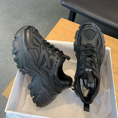 Black Chunky Mesh Leather Sneakers Shoes