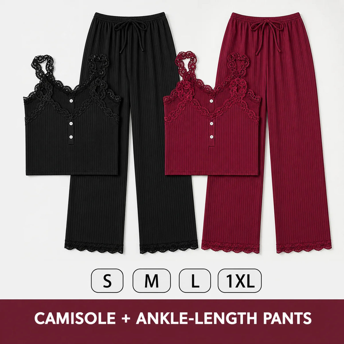 Lace Trim Camisole Tops and Ankle-Length Pants Polyester Elastane Sleepwear Set