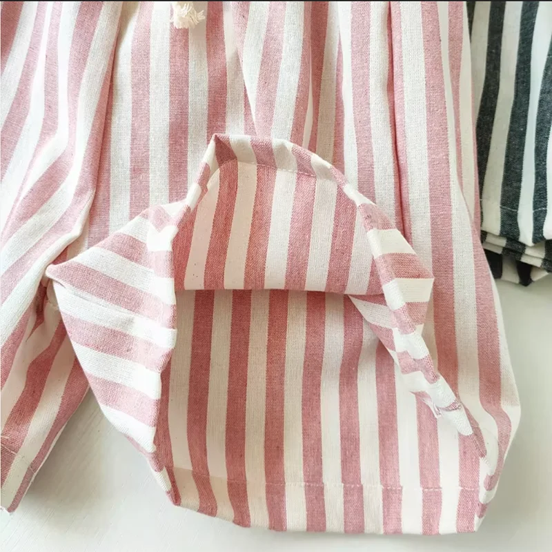 Retro Hemp Cotton Striped Casual Elastic Waist Pants