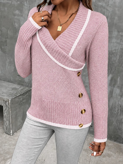 Color Blocking V-Neck Commuter Style Buttoned Long-Sleeved Knit Sweater