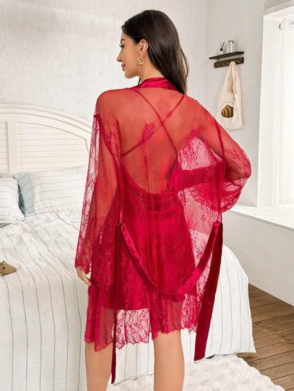 Polyester nightgown lace see-through robe set