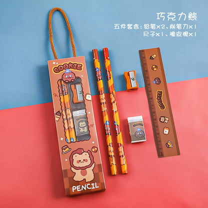 5pcs/Set Cute Cartoon Pencil Stationery Set