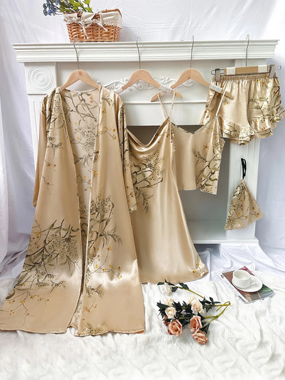 5pcs Floral Print Long Sleeve Robe Cami Dress Pajamas Sets