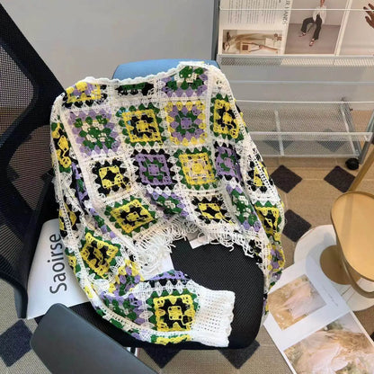 Granny Square Top Fringed Crochet Knitted Top Batwing Sleeve Pullover Sweater