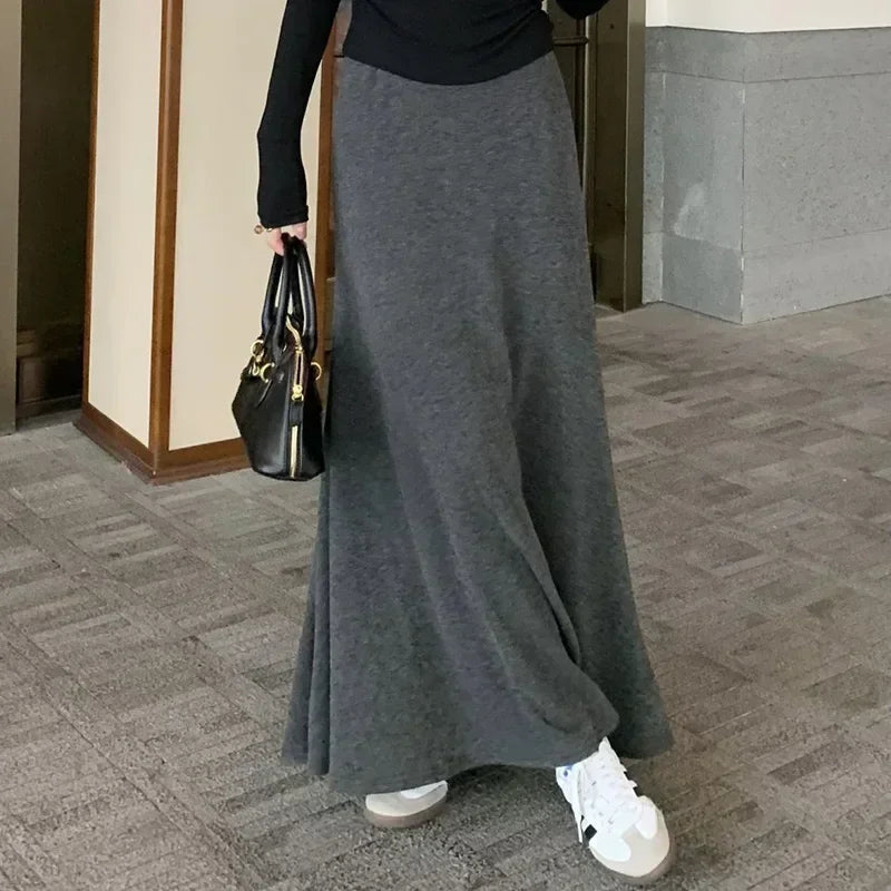 Gray Knitted Hip Wrap High Waist Fish Tail Midi Skirts