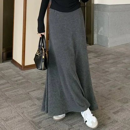 Gray Knitted Hip Wrap High Waist Fish Tail Midi Skirts