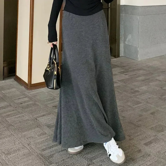 Gray Knitted Hip Wrap High Waist Fish Tail Midi Skirts