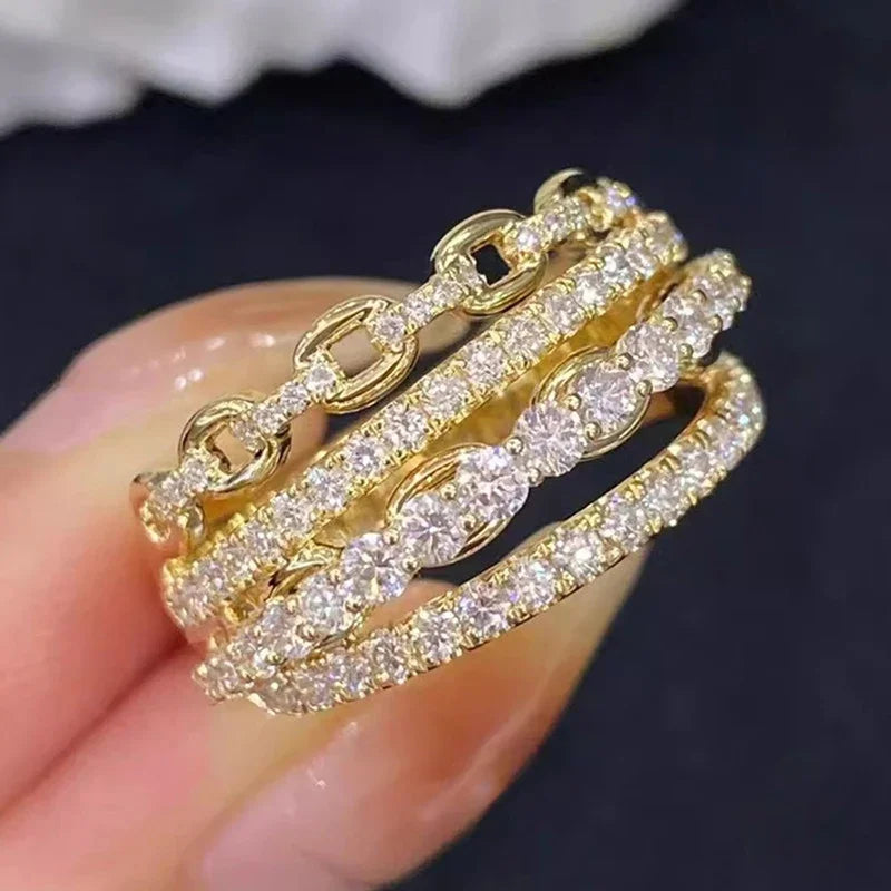 Huitan Multi-layers Gold Color Inlaid Shiny CZ Rings