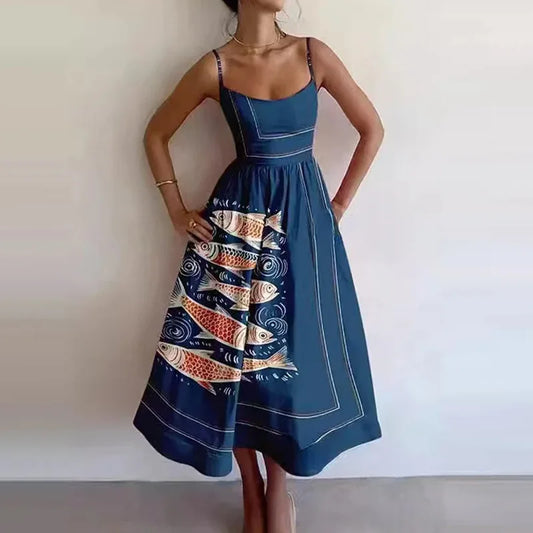 Print Suspenders Blue Ocean Fish Pattern Sexy Long dress