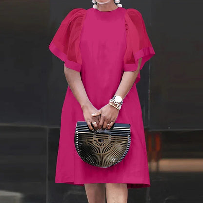 Mesh Patchwork Sundress Mini Ruffle Short Sleeve Dress