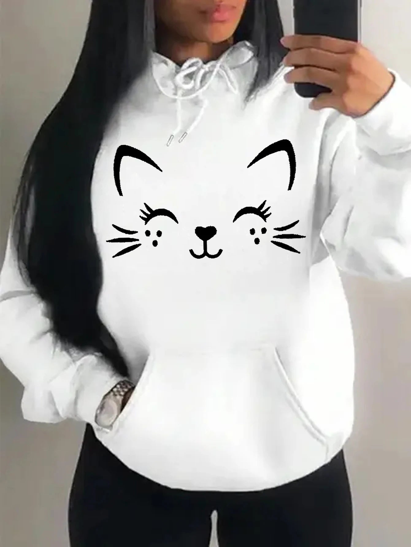 Casual Hip Hop Hoodie Happy Cat Pulloverar