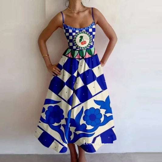 Print Suspenders Blue Ocean Fish Pattern Sexy Long dress