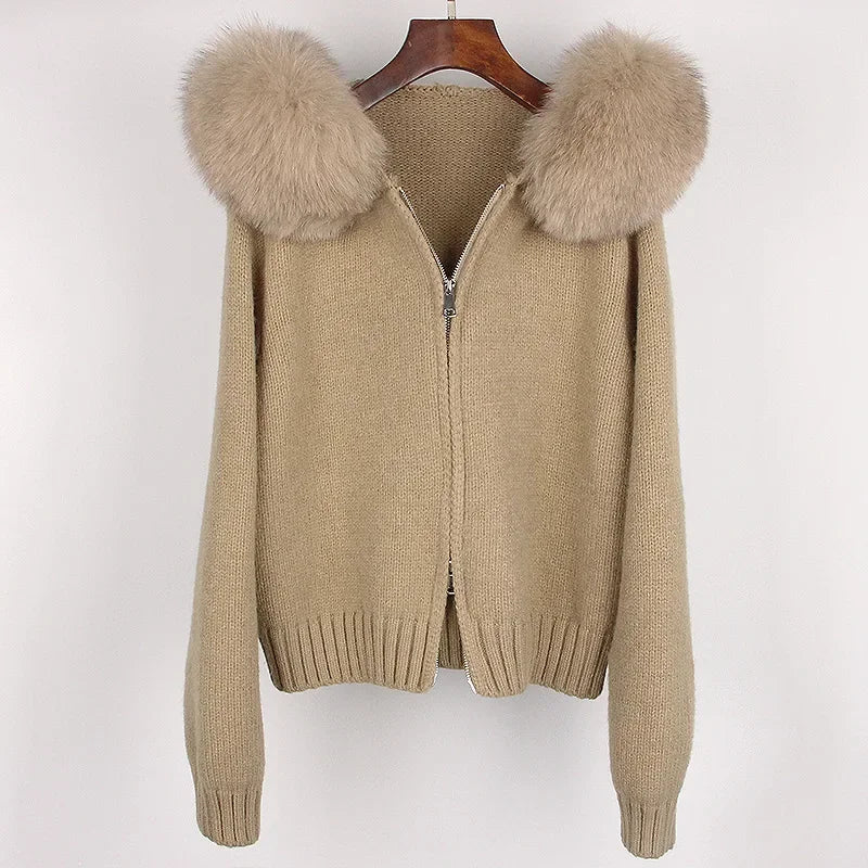 Autumn Winter Casual Hooded Real Fox Fur Collar Short Knitted Jacket